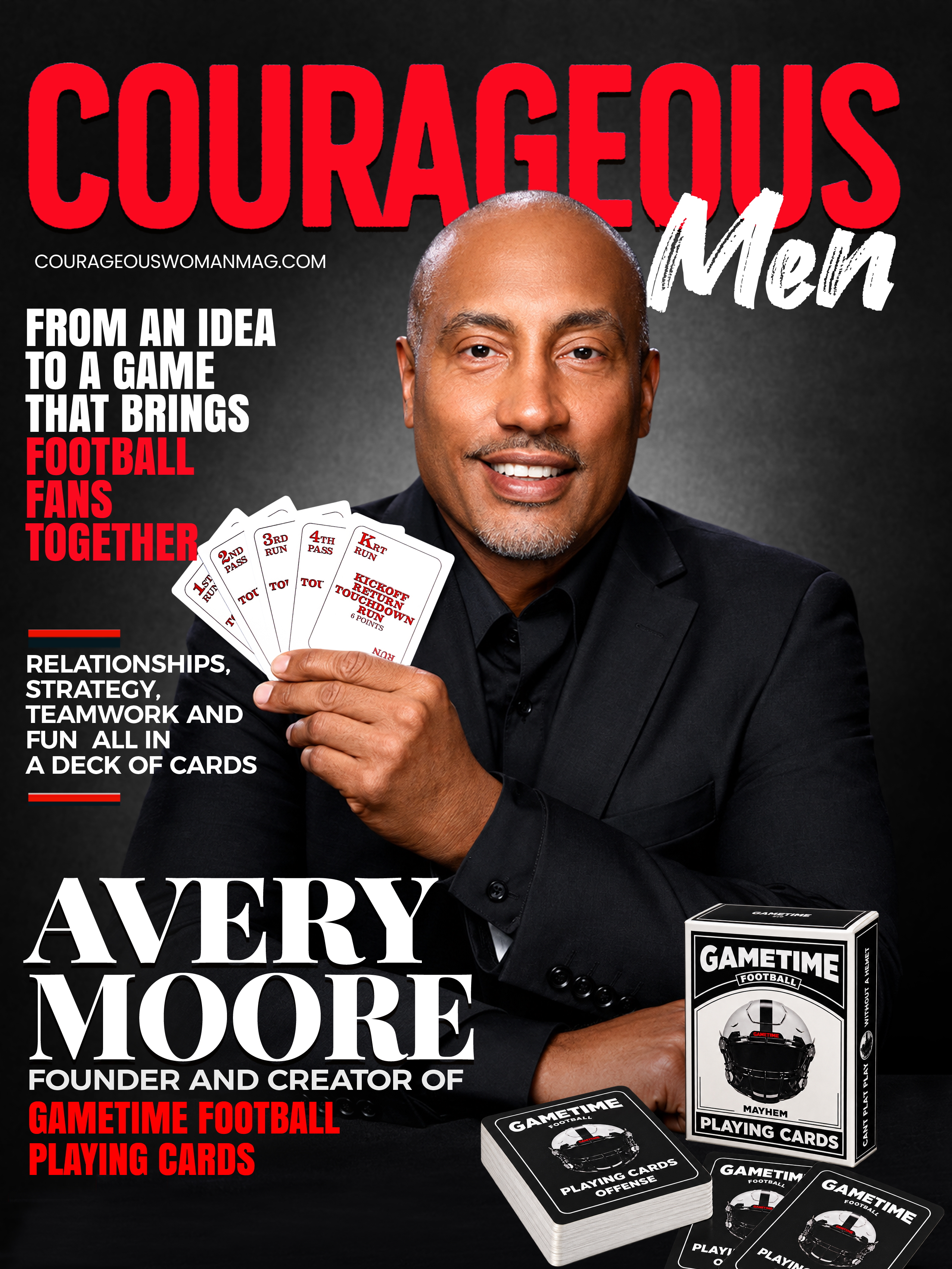Avery Moore, founder and CEO of GAMETIME Football Playing Cards, wearing a black suit and holding football-themed playing cards for his Courageous Men Magazine feature.